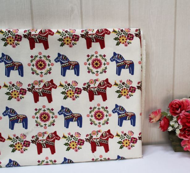 Scandinavian Swedish Vintage Dala Horse Canvas Fabric on Luulla